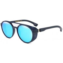 Shield Steampunk Black Frame Side Shield Round Sunglasses Blue Reflective Lens Unisex Driving Glasses - Blue Reflection - CN1...