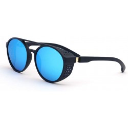 Shield Steampunk Black Frame Side Shield Round Sunglasses Blue Reflective Lens Unisex Driving Glasses - Blue Reflection - CN1...