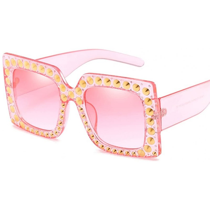 Square Oversize Rhinestone Sunglasses Women Rivet Square Sun Glasses Female Accessories - Pink - C518DXCXW9G $13.44