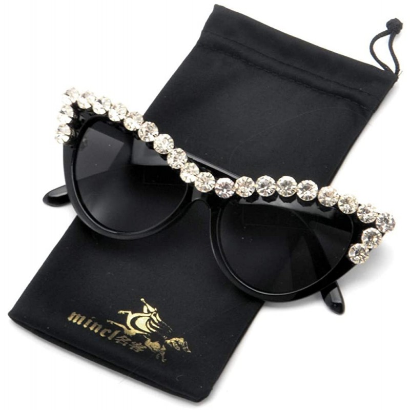 Cat Eye Bling Sunglasses Crystal Rhinestone Shades Retro Half Rim Women Cat Eyewear - Black - CU18TT7O8T2 $11.68