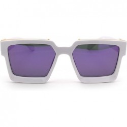 Rectangular Womens Luxury Designer Thick Plastic Squared Mob Sunglasses - White Purple Mirror - CU18UINW5LY $11.24