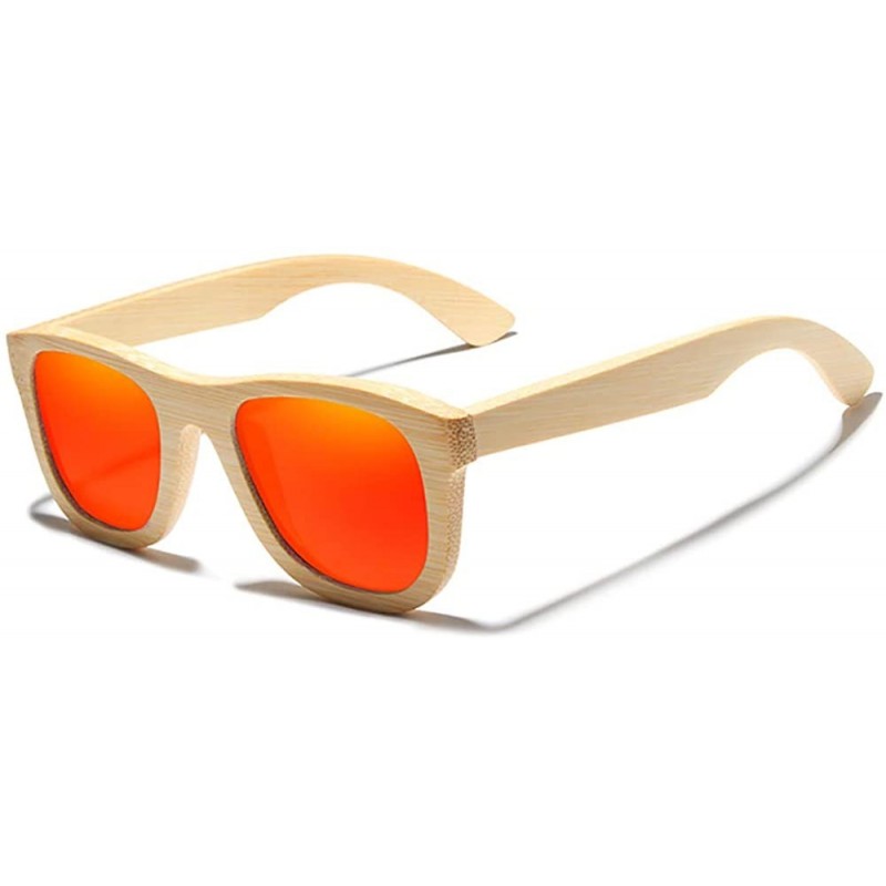 Square Genuine Full bamboo sunglasses square polarized UV400 - Red - CJ18ZSUAY3N $24.82