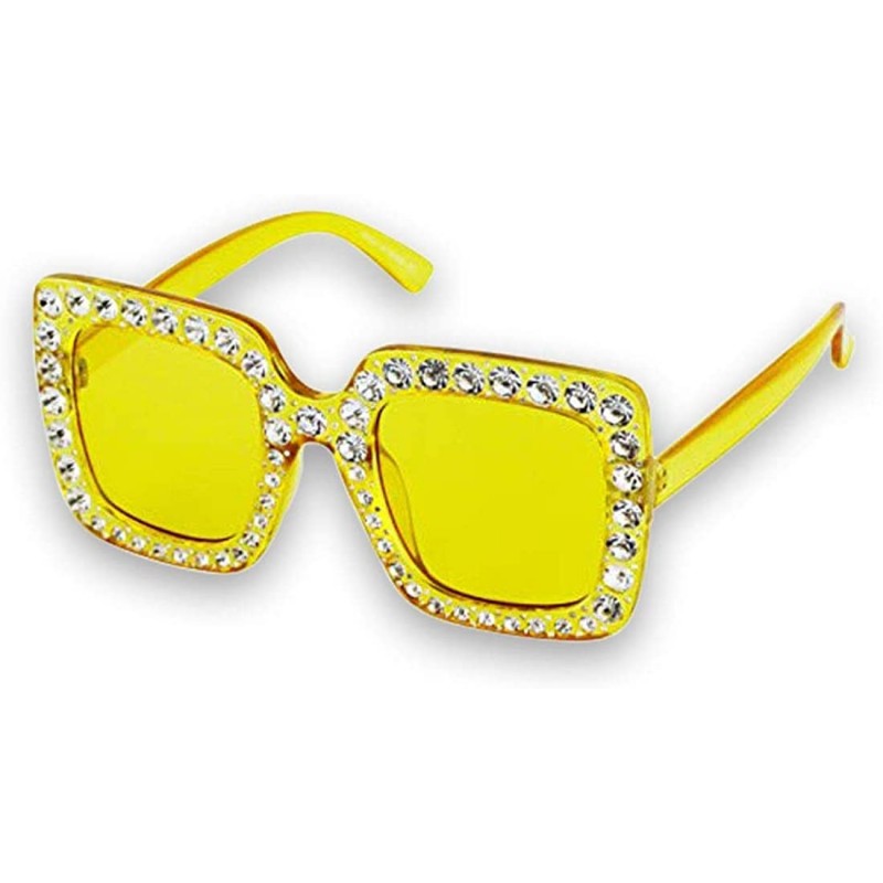 Goggle Oversized Square Frame Bling Rhinestone Crystal Brand Designer Sunglasses For Women 2018 - Yellow - C118TMMN0TG $11.61