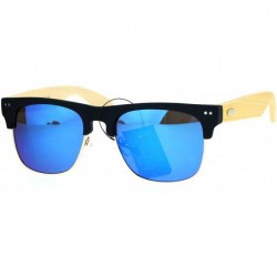 Square Real Bamboo Temple Sunglasses Square Matted Top Mirror Lens UV 400 - Black (Blue Mirror) - CI183Z4OARL $26.78