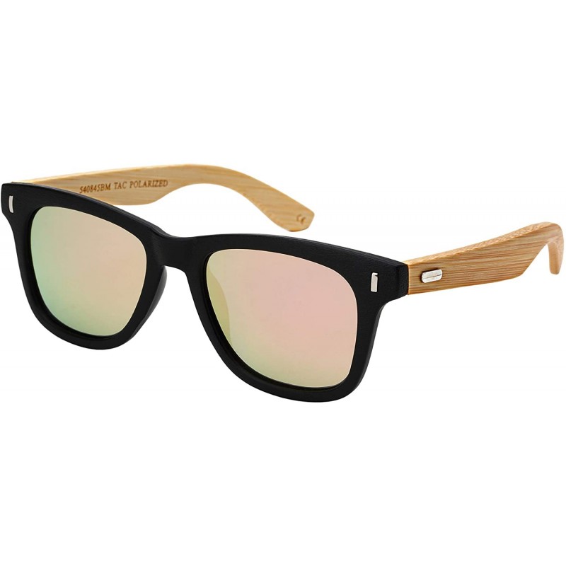 Square Wood Bamboo Horned Rim Polarized Sunglasses for Men Women With Color Mirror Lens - CK18QINUDS0 $16.73