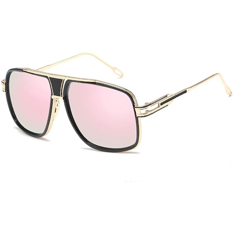 Square Retro Oversized Pilot Sunglasses Metal Frame for Men Women Square Glasses Mirror Lens Gold Rim - Pink - CN18CW83LAA $9.57