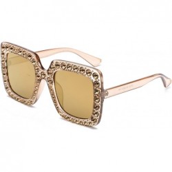 Oversized Oversized Sunglasses for Women Square Thick Frame Bling Bling Rhinestone Novelty Shades - Square Champagne Gold - C...