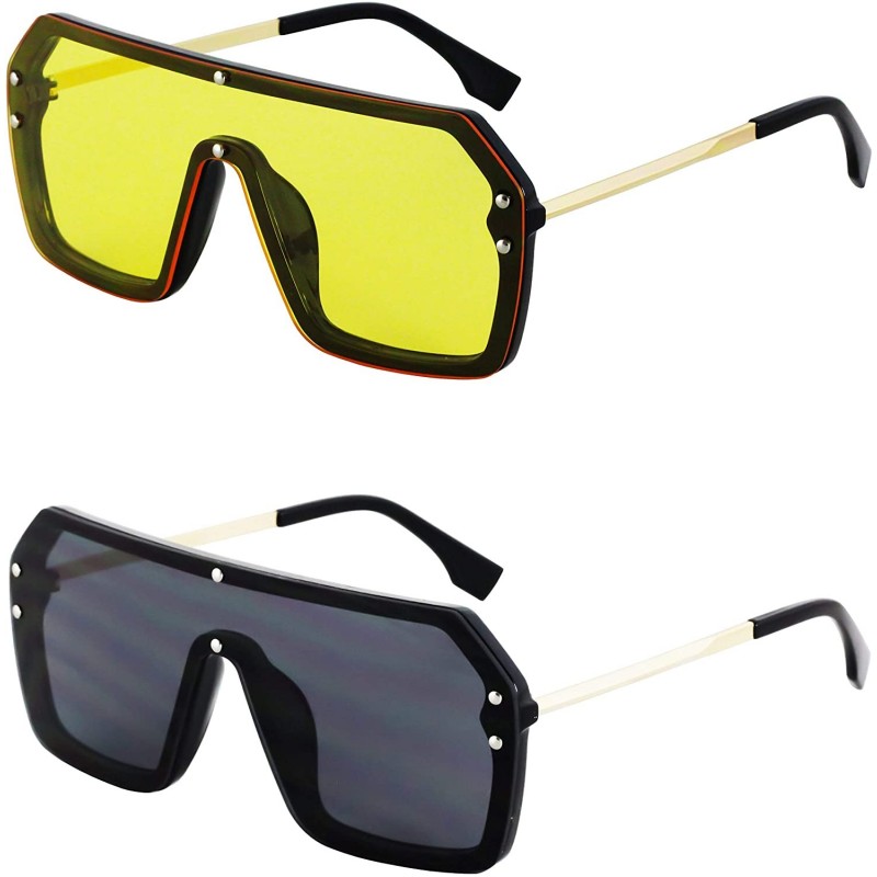 Shield Retro Oversized Shield Sunglasses Rimless Flat Top Mirror Glasses Women Men - Yellow and Black - C218Y52ZTNM $22.55