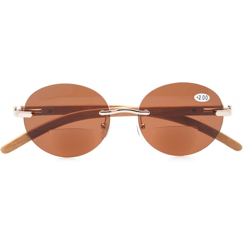 Round Spring Hinges Wood Arms Rimless Round Bifocal Sunglasses - Brown - C8180ZW2XRQ $16.31