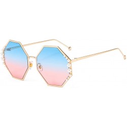 Oversized Women Pearl Sunglasses Oversized Square Metal Frame - Gold Frame/Blue&pink Lens - CO18ULRR6SI $28.93