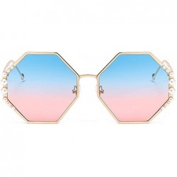 Oversized Women Pearl Sunglasses Oversized Square Metal Frame - Gold Frame/Blue&pink Lens - CO18ULRR6SI $11.89
