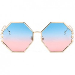Oversized Women Pearl Sunglasses Oversized Square Metal Frame - Gold Frame/Blue&pink Lens - CO18ULRR6SI $11.89