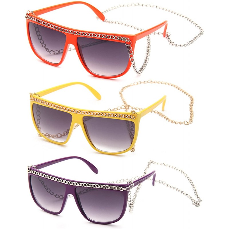 Oversized Women Flat Top Oversized Retro Chain Sunglasses w/Metal Chain on Top & Neck - 3 Pack Orange- Yellow & Purple - C918...