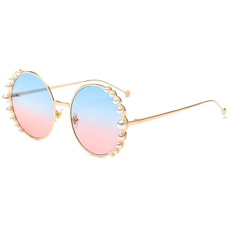 Oversized Fashion Round Pearl Decor Sunglasses UV Protection Metal Frame - Gold Frame Blue Pink Lens - C918QZ3LWDW $17.49