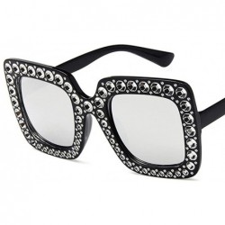 Square Women Fashion Square Frame Rhinestone Decor Sunglasses - Black Silver - C0190LD9TS6 $17.31