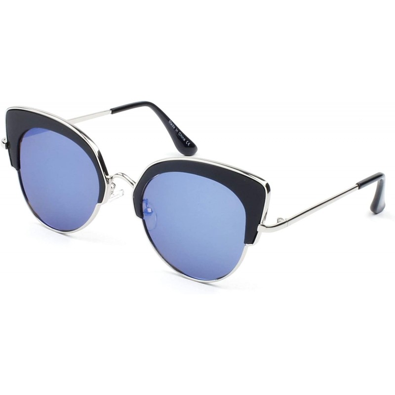 Goggle Women Half-Frame Round Cat Eye Mirrored UV Protection Fashion Sunglasses - Blue - CS18WTI77K2 $22.14