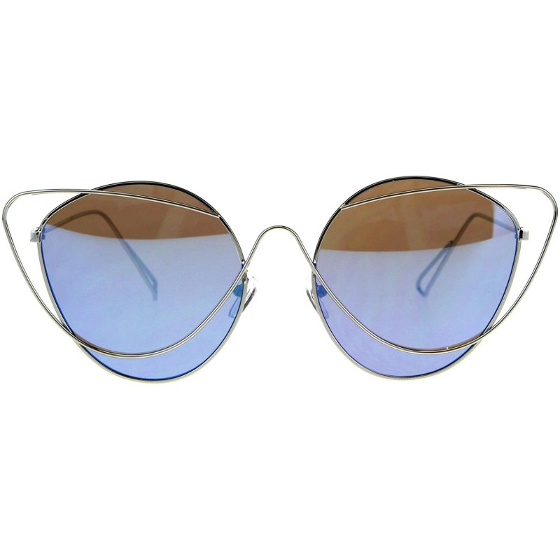 Cat Eye Womens Mirrored Lens Runway Thin Wire Rim Cat Eye Sunglasses - Blue - CT18DDASCXE $15.24