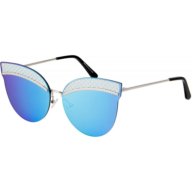 Rimless Cateye Mens Womens Lens Quilted Detail Sunglasses - Silver Frame With Blue Mirror Lens - CU18QYGUZ8U $7.77