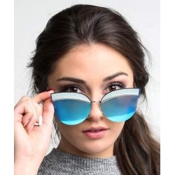 Rimless Cateye Mens Womens Lens Quilted Detail Sunglasses - Silver Frame With Blue Mirror Lens - CU18QYGUZ8U $7.77