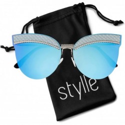 Rimless Cateye Mens Womens Lens Quilted Detail Sunglasses - Silver Frame With Blue Mirror Lens - CU18QYGUZ8U $7.77