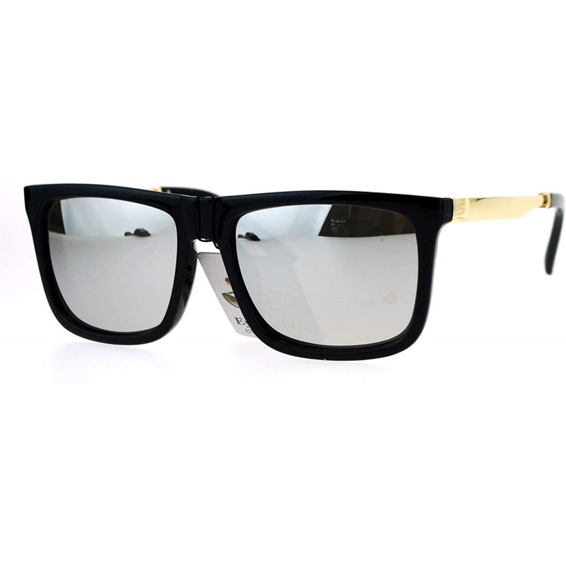 Rectangular Square Rectangular Sunglasses Unisex Fashion Black Gold Frame UV 400 - Black (Silver Mirror) - CH186SRRTWO $7.58