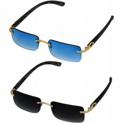 Square Slim Rimless Rectangular Metal & Wood Art Aviator Sunglasses - Blue and Smoke - CY18SIH8AR9 $58.75