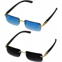 Square Slim Rimless Rectangular Metal & Wood Art Aviator Sunglasses - Blue and Smoke - CY18SIH8AR9 $50.27
