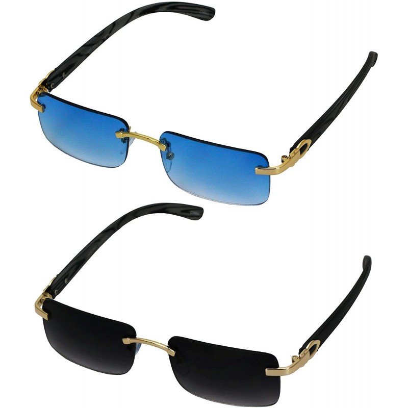 Square Slim Rimless Rectangular Metal & Wood Art Aviator Sunglasses - Blue and Smoke - CY18SIH8AR9 $24.15