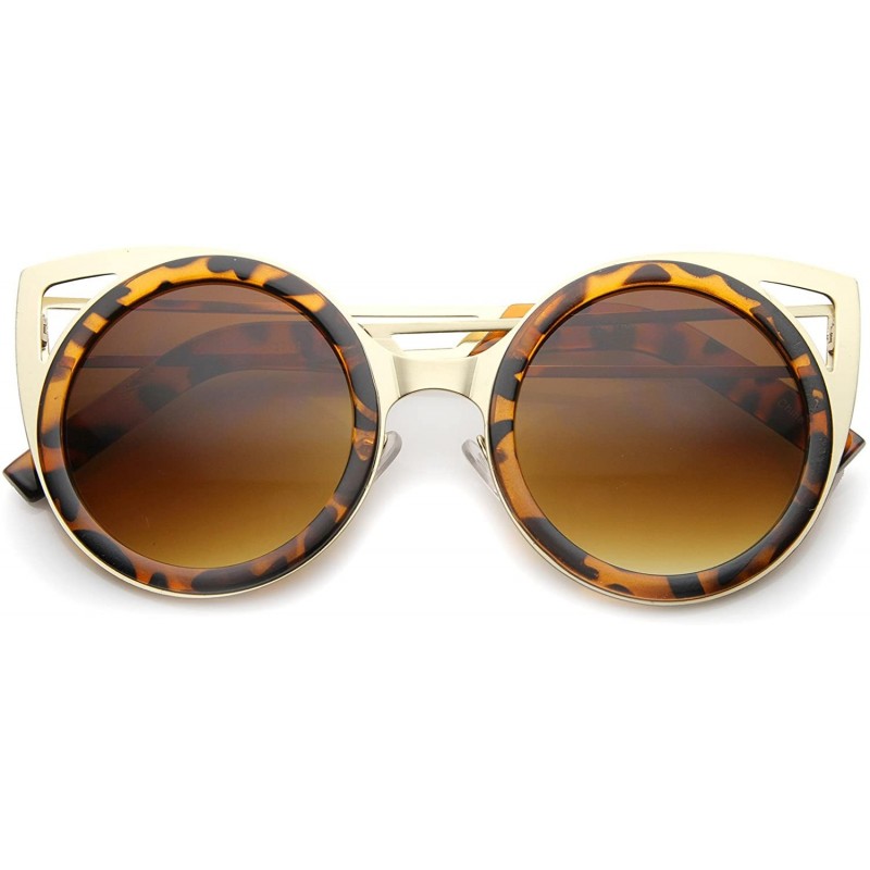 Cat Eye Womens Two-Toned Metal Cutout Round Cat Eye Sunglasses 50mm - Shiny Tortoise-gold / Amber - C212H0L03HD $12.92