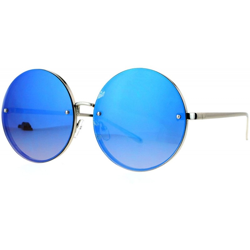 Round Super Oversized Round Sunglasses Womens Mirror Lens Back Metal Rims - Silver (Blue Mirror) - CA185WDT84Y $9.14