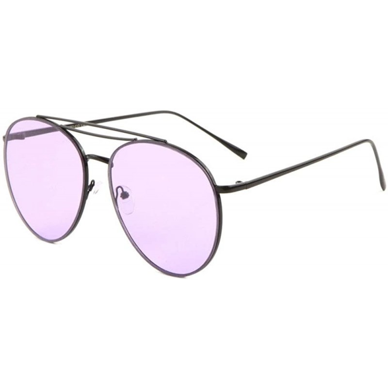 Round Color Flat Lens Double Top Bar Modern Round Aviator Sunglasses - Purple - CY190ISU6HY $18.07