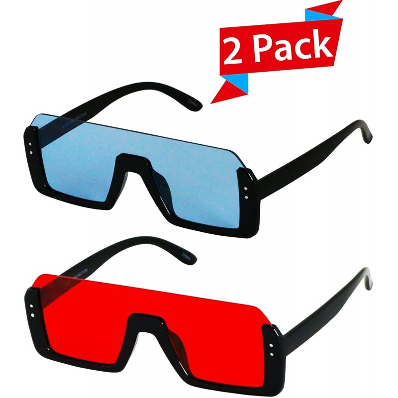 Shield Retro Shield Rectangular Lens Upside Down Half Rim Sunglasses for Women and Men - Black/Blue and Black/Red - CM18OXN5X...