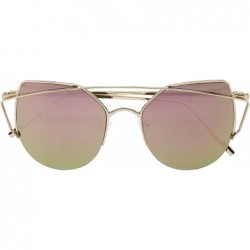 Cat Eye Women's Half Frame Cross Bar Flat Color Mirrored Lens Metal Cat Eye Sunglasses - Gold / Pink - CP12O6SB1PM $11.84
