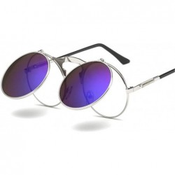Square Retro Sunglasses Round Metal Frames Sun Glasses Women Men Eyewear Gold1 Silver Blue - CD194O0N36S $19.04
