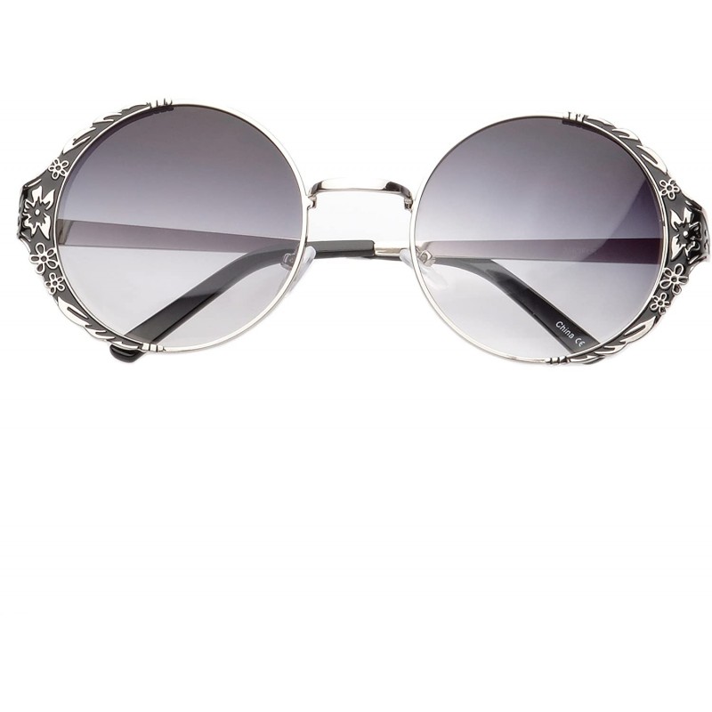 Round Vintage Inspired Floral Flower Emblemed Round Sunglasses Gradient Lens UV400 - Black - CI11NUXT5WZ $19.23