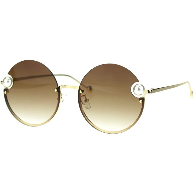 Rimless Womens Unique Pearl Jewel Round Exposed Rimless Round Retro Sunglasses - Gold Brown - CZ18TSXN6T7 $16.99