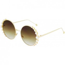 Oversized Fashion Round Pearl Decor Metal Frame Women's Sunglasses UV Protection - Pink and Brown - C818THL6W9X $21.32