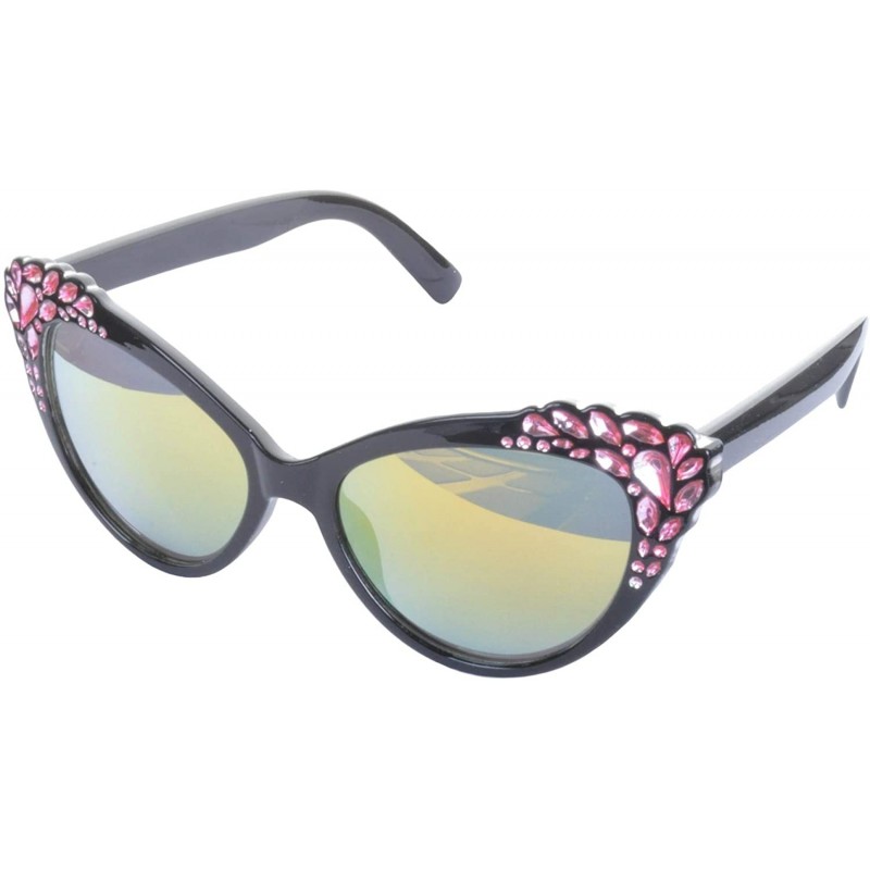 Cat Eye Diamante Trim Cat Eye Sunglasses - Black Frame/Gold Lens - CC199QDLIZS $11.87