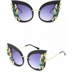 Round Green Crystal Gold Leaf Cateye Sunglasses - Black Frame Purple Lens - CI18Q2O66R3 $41.86