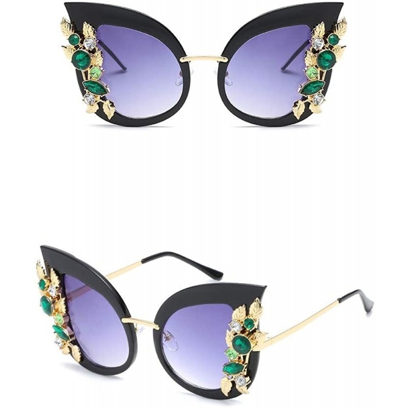 Round Green Crystal Gold Leaf Cateye Sunglasses - Black Frame Purple Lens - CI18Q2O66R3 $17.94