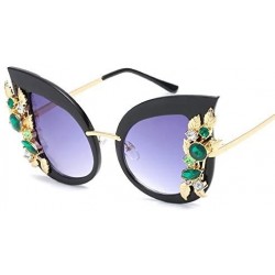 Round Green Crystal Gold Leaf Cateye Sunglasses - Black Frame Purple Lens - CI18Q2O66R3 $17.94