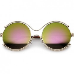Oversized Oversize Wire Rimmed Temple Cutout Colored Mirror Round Sunglasses 58mm - Gold / Magenta-green Mirror - CS12ODW95LY...