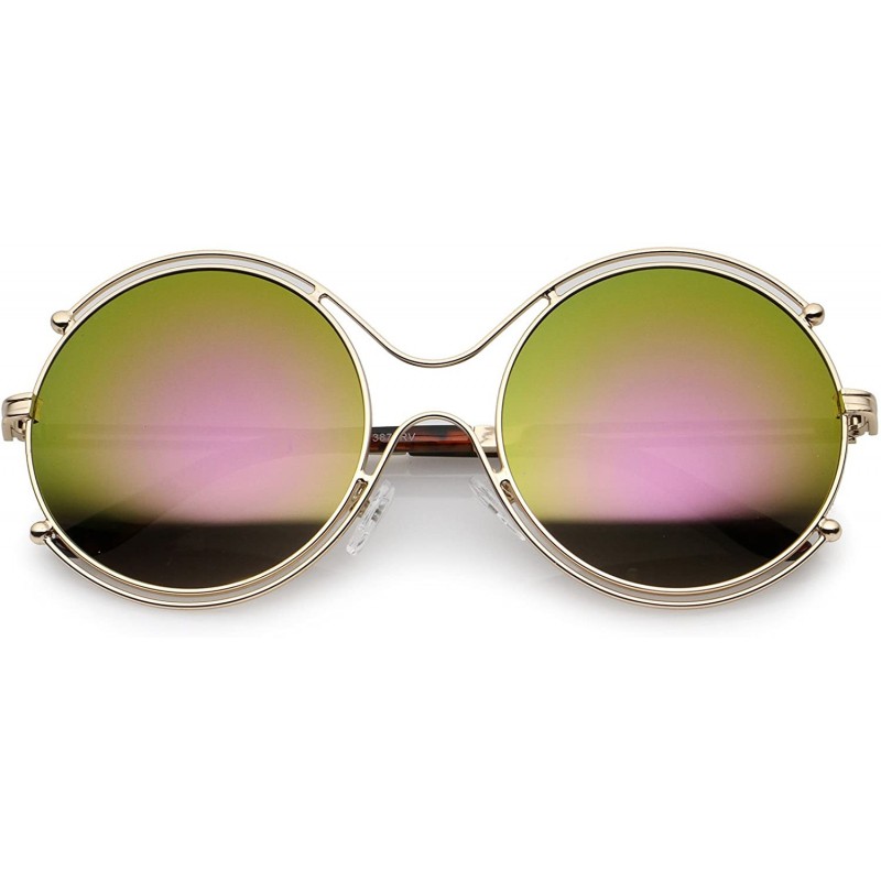 Oversized Oversize Wire Rimmed Temple Cutout Colored Mirror Round Sunglasses 58mm - Gold / Magenta-green Mirror - CS12ODW95LY...