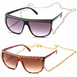 Oversized Women Flat Top Oversized Retro Chain Sunglasses w/Metal Chain on Top & Neck - 2 Pack Black & Tortoise - C0186568U9D...
