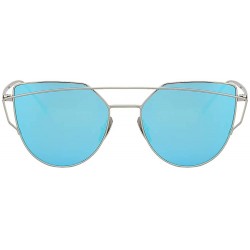 Oversized Women Oversized Cat Eye Metal Twin Beam Frame Sunglasses Colored Flat Lenses - Silver-blue-mirror - C618I6KLUAS $10.16