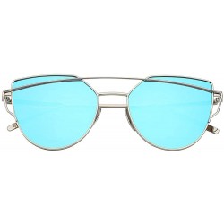 Oversized Women Oversized Cat Eye Metal Twin Beam Frame Sunglasses Colored Flat Lenses - Silver-blue-mirror - C618I6KLUAS $10.16