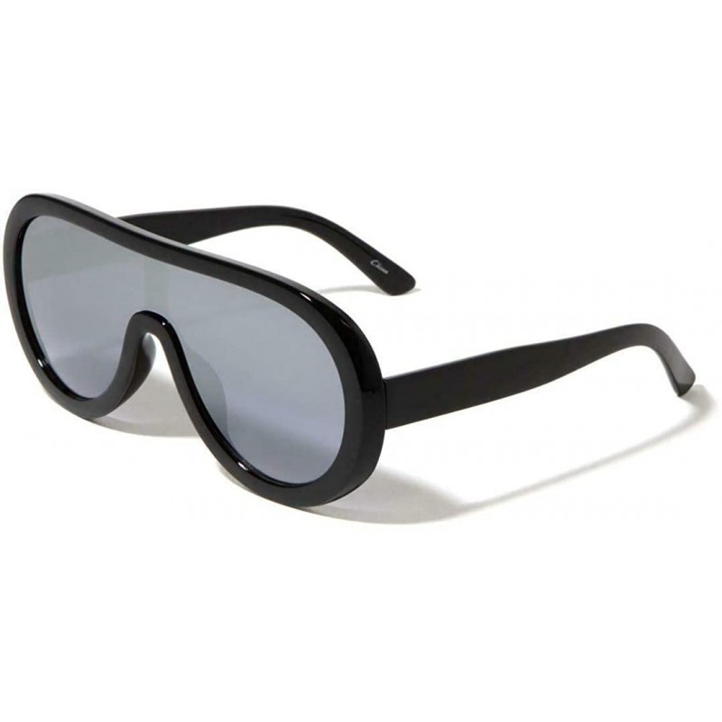 Shield Thick Bold Round Shield One Piece Lens Retro Aviator Sunglasses - Black Frame - CE18AM2UO3N $10.57