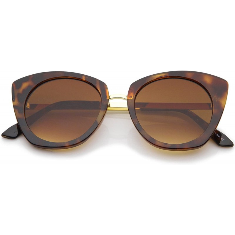 Cat Eye Women's Bold Frame Metal Temple Flat Lens Round Cat Eye Sunglasses 52mm - Tortoise-gold / Amber - CI12KUKKVMD $10.97