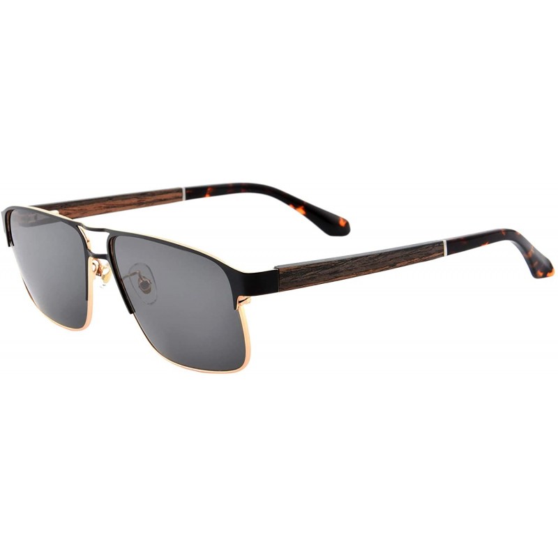 Rectangular Men's Wooden Polarized Sunglasses Metal Frame Myopia Glasses-PGJS8001 - Black&gold - CU18Z5X3EHK $30.75