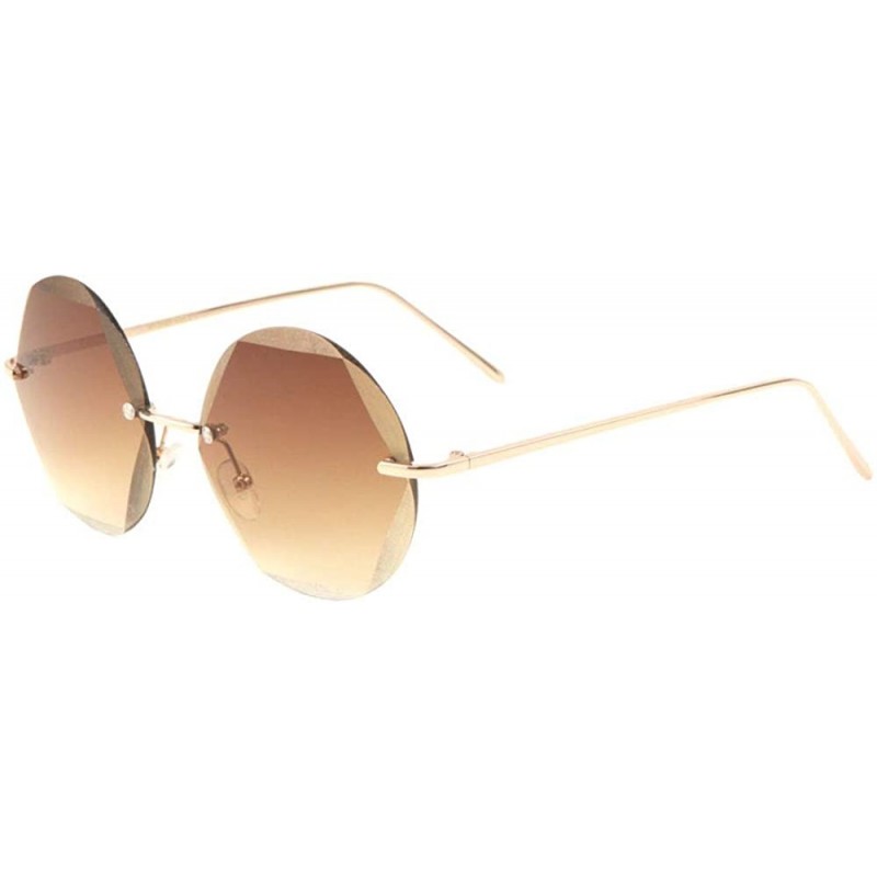 Rimless Rimless Round Hexagon Diamond Glass Cut Lens Sunglasses - Brown - CX197A74YHO $15.48